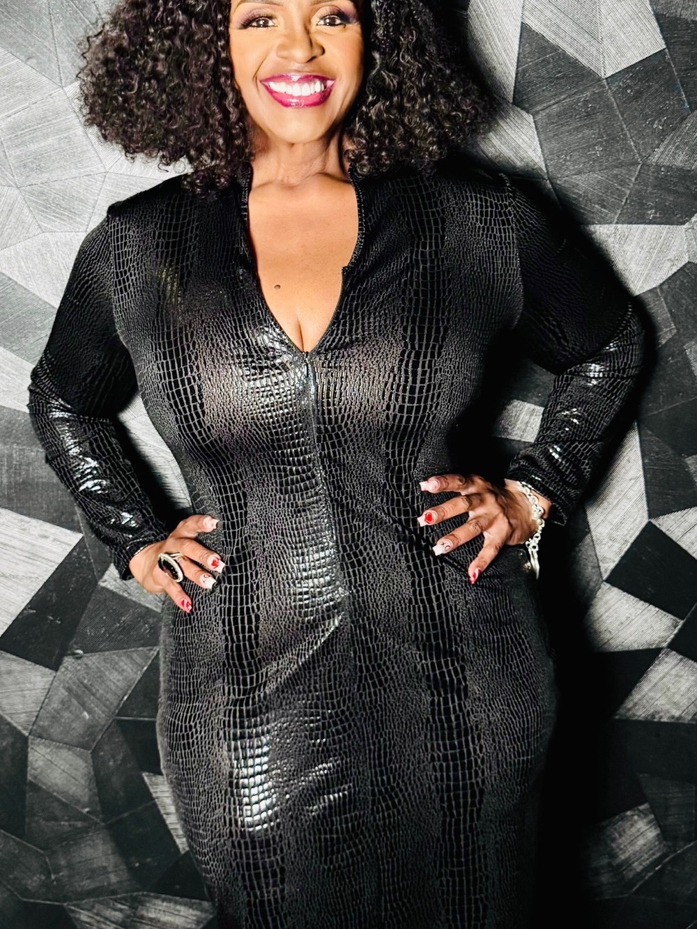 Black Faux-Croc Long Sleeve Bodycon Dress